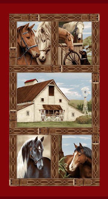 Henry Glass: Cottonwood Stables - Horse Stable and Horses - Panel - 4066P-88