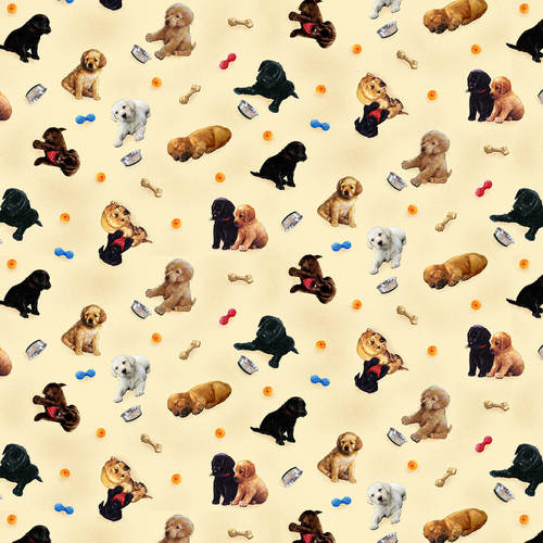 Henry Glass: Pups in the Garden - Tossed Allover Puppies - 9336-44